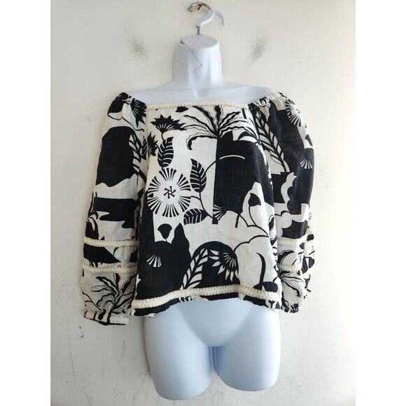 Nicole Miller Women Black White Floral Off The Shoulder 100% Linen Blouse Large - Picture 1 of 6
